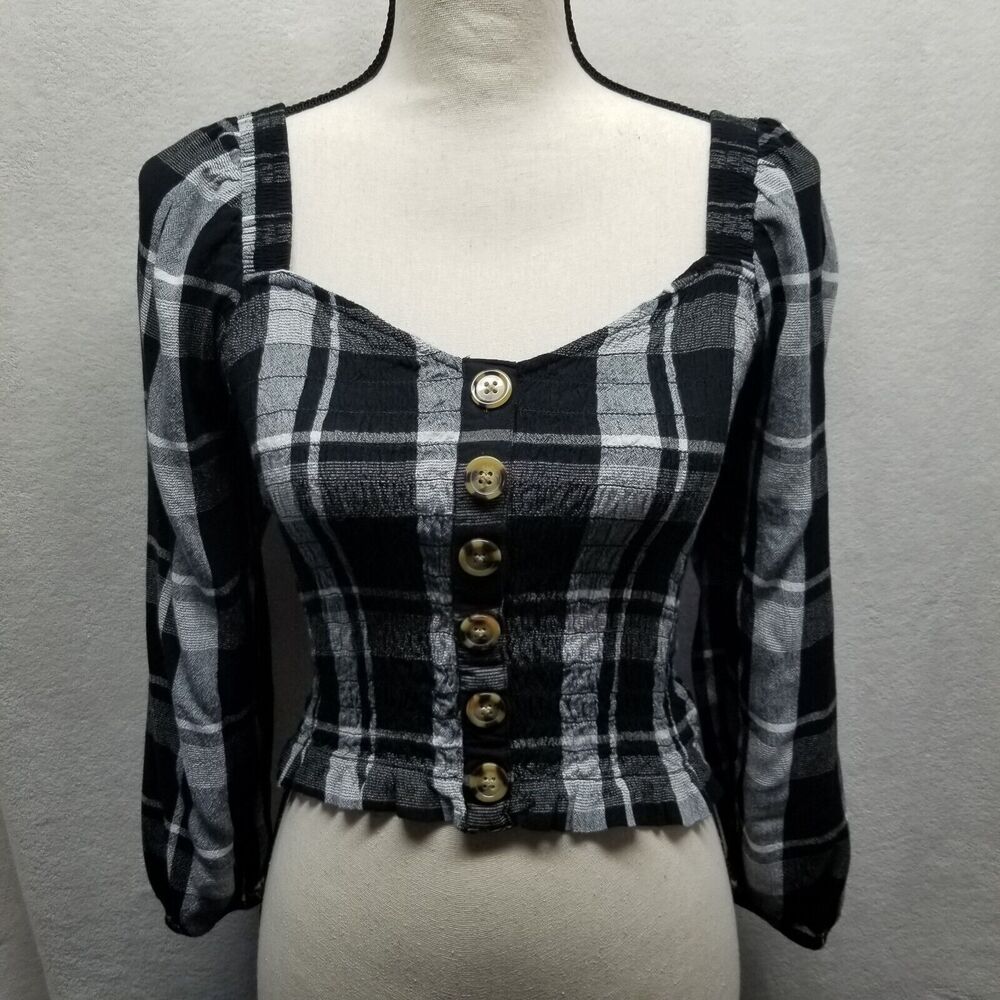 American Eagle S Top Ruched Black White Plaid Cropped Long Sleeve BOHO Preppy